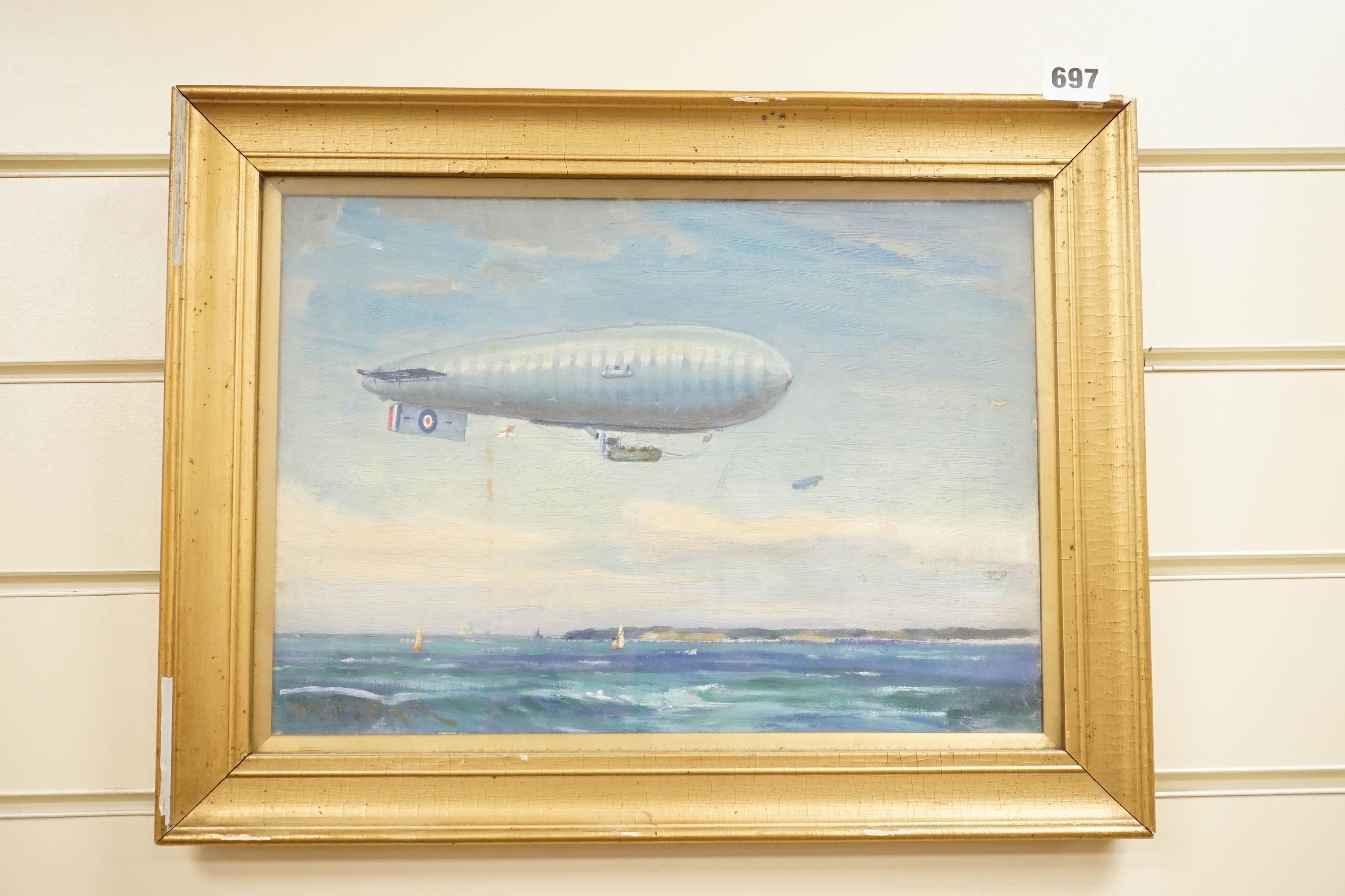 Philip J. Smith, oil on canvas, RAF dirigible over the sea, c.1914, signed, Crew and service details in pen verso, 25 x 35cm